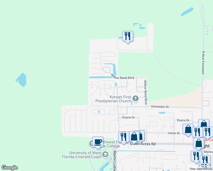 map of restaurants, bars, coffee shops, grocery stores, and more near 1824 Hunters Path in Fort Walton Beach