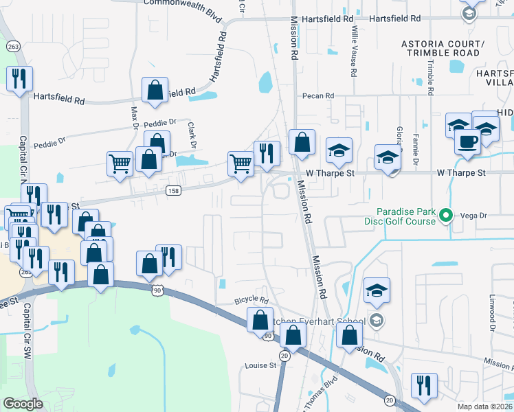 map of restaurants, bars, coffee shops, grocery stores, and more near 3174 Carriage Manor Circle in Tallahassee