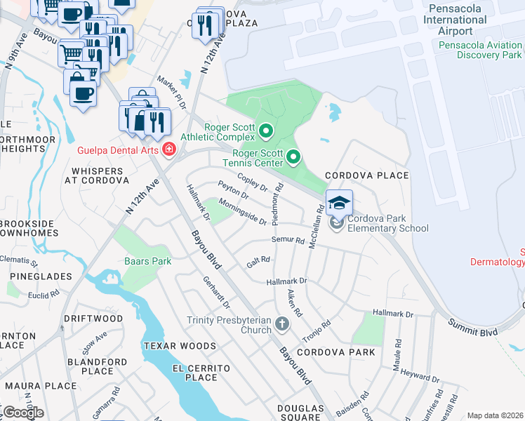 map of restaurants, bars, coffee shops, grocery stores, and more near 2005 Peyton Drive in Pensacola