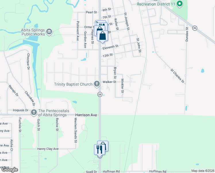 map of restaurants, bars, coffee shops, grocery stores, and more near 71131 Bryan Street in Abita Springs