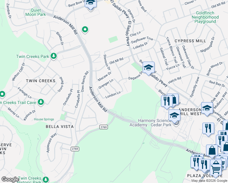 map of restaurants, bars, coffee shops, grocery stores, and more near 2817 Hannah Kay Lane in Cedar Park