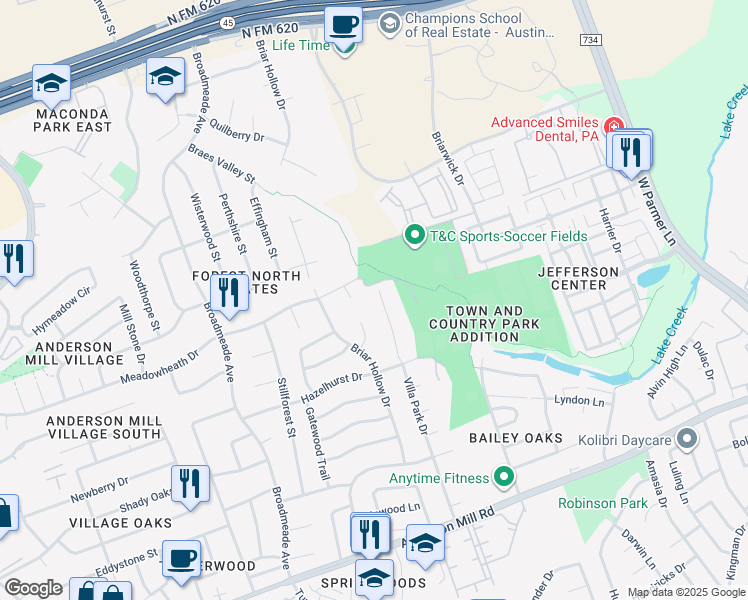 map of restaurants, bars, coffee shops, grocery stores, and more near 13328 Villa Park Dr in Austin