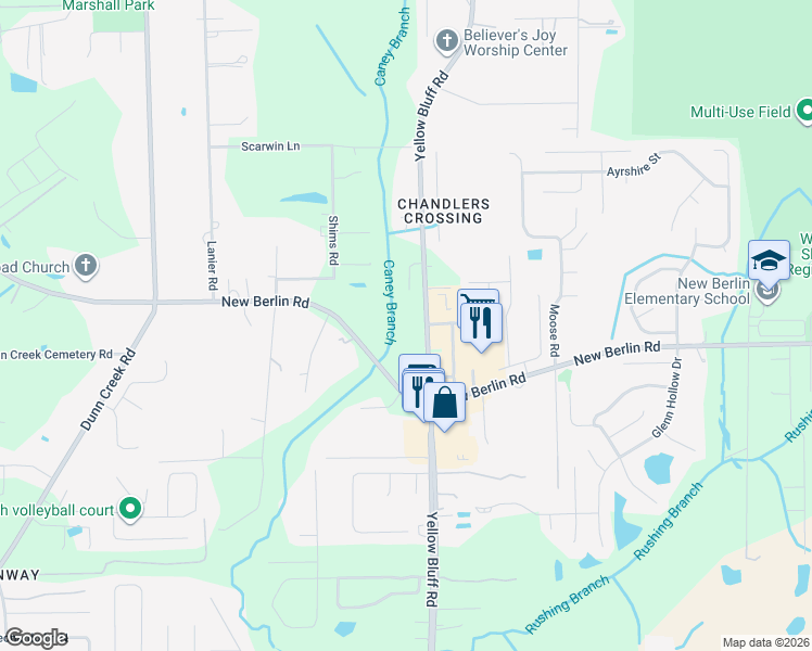 map of restaurants, bars, coffee shops, grocery stores, and more near 12544 Yellow Bluff Road in Jacksonville
