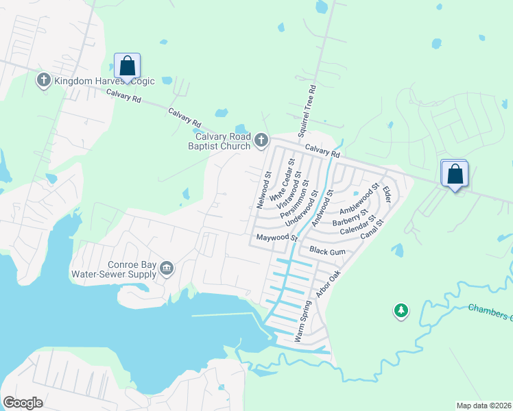 map of restaurants, bars, coffee shops, grocery stores, and more near 12650 Lake Conroe Bay Road in Willis