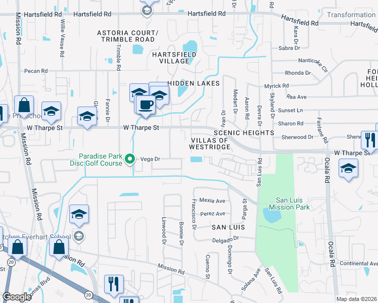 map of restaurants, bars, coffee shops, grocery stores, and more near 1794 Falconcrest Street in Tallahassee