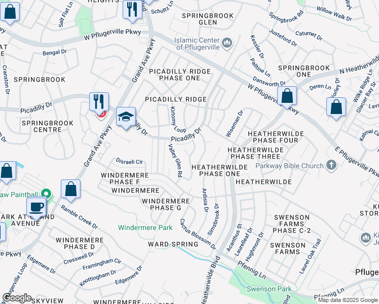 map of restaurants, bars, coffee shops, grocery stores, and more near 17201 Village Glen Cove in Pflugerville