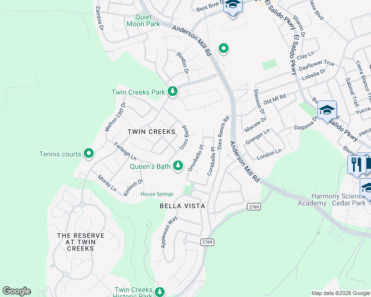 map of restaurants, bars, coffee shops, grocery stores, and more near 2630 Izoro Bend in Cedar Park