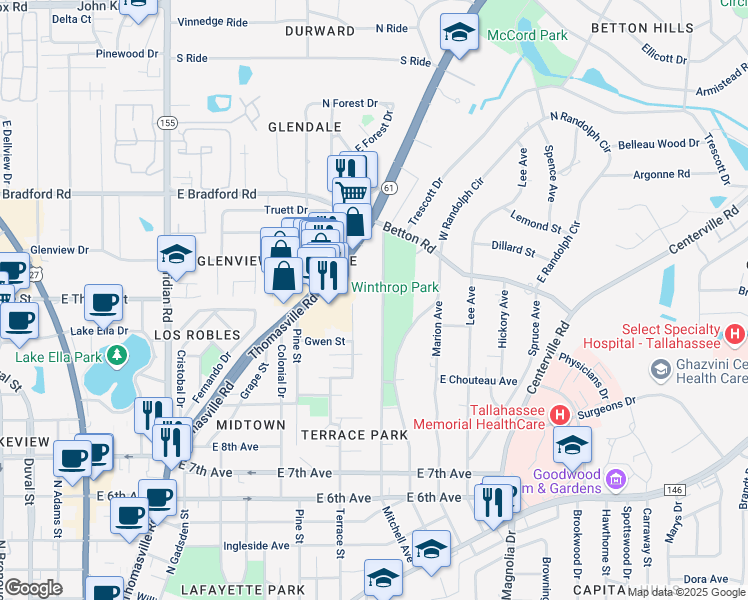 map of restaurants, bars, coffee shops, grocery stores, and more near 1602 Mitchell Ave in Tallahassee