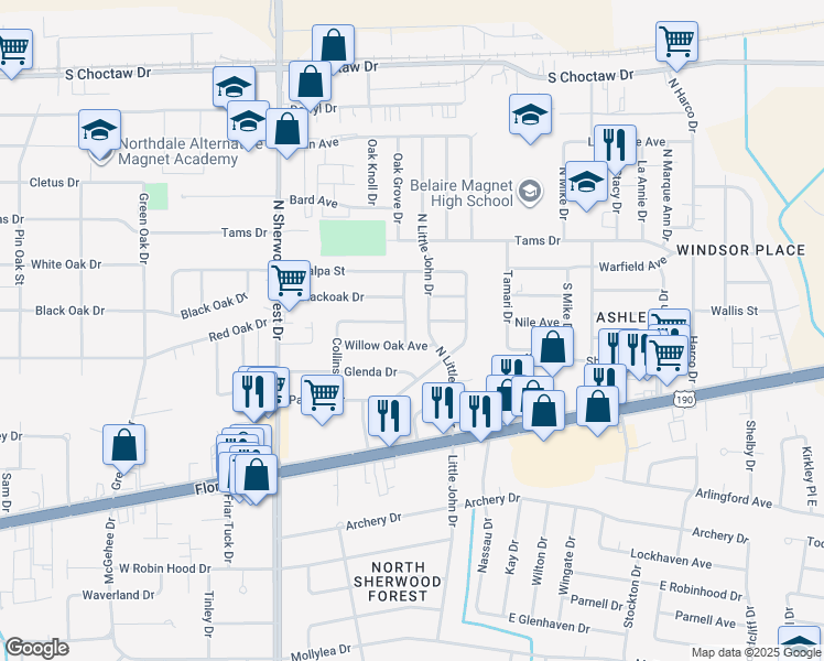 map of restaurants, bars, coffee shops, grocery stores, and more near 1666 Rosedale Drive in Baton Rouge