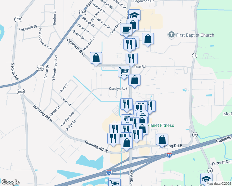 map of restaurants, bars, coffee shops, grocery stores, and more near 1621 Romney Avenue in Denham Springs