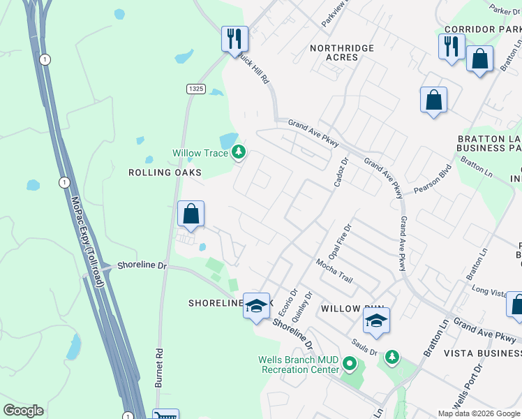 map of restaurants, bars, coffee shops, grocery stores, and more near 4104 Mocha Trail in Austin