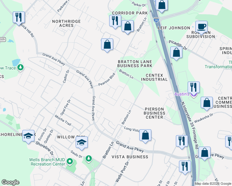 map of restaurants, bars, coffee shops, grocery stores, and more near 15913 Cessida Street in Austin