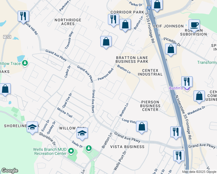 map of restaurants, bars, coffee shops, grocery stores, and more near 3205 Betony Street in Austin