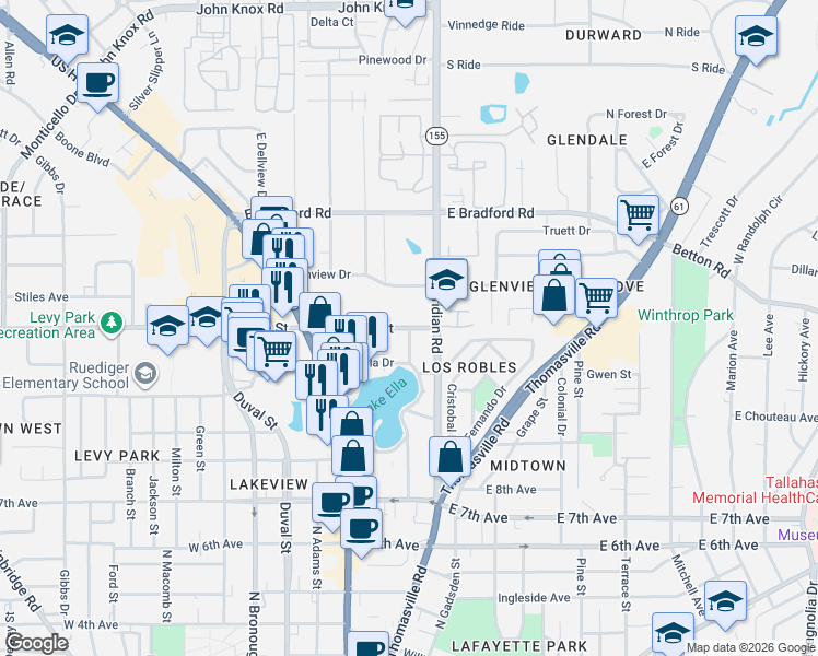 map of restaurants, bars, coffee shops, grocery stores, and more near East Tharpe Street in Tallahassee