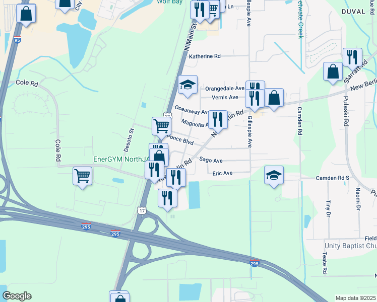 map of restaurants, bars, coffee shops, grocery stores, and more near 203 Sago Avenue in Jacksonville