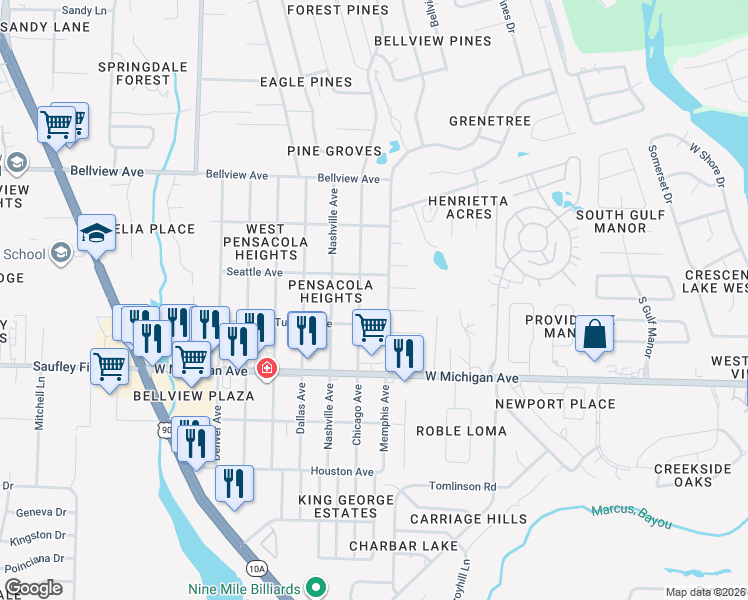 map of restaurants, bars, coffee shops, grocery stores, and more near 6106 Chicago Avenue in Pensacola