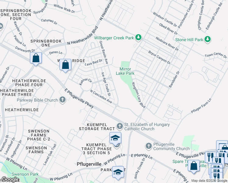 map of restaurants, bars, coffee shops, grocery stores, and more near 17740 Great Basin Avenue in Pflugerville