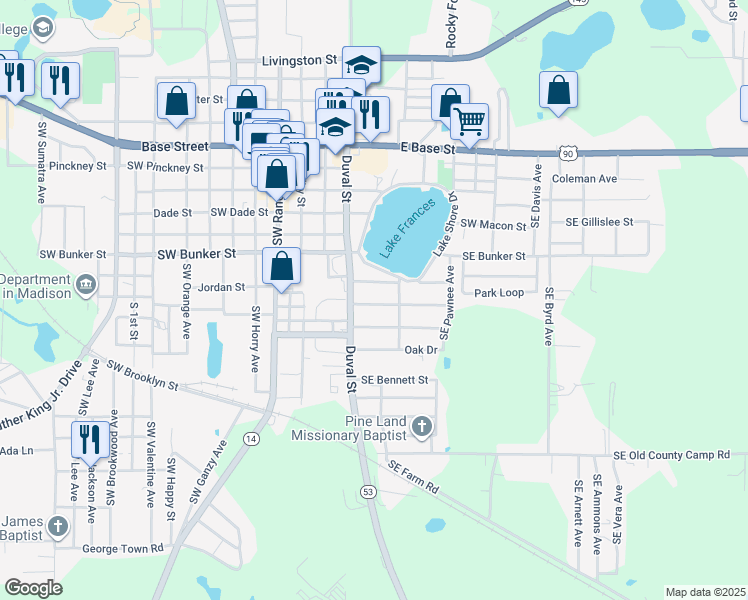 map of restaurants, bars, coffee shops, grocery stores, and more near 155 Madison Avenue in Madison