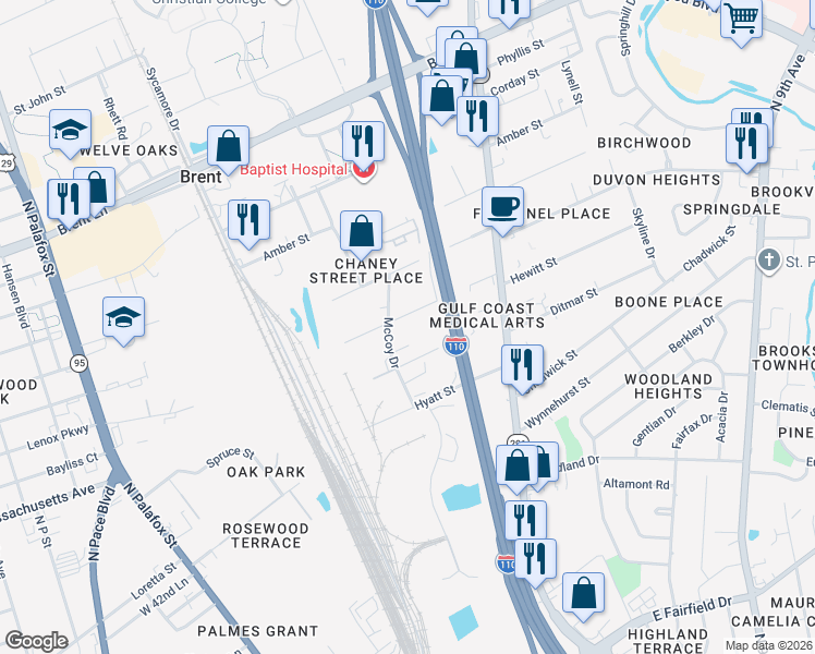 map of restaurants, bars, coffee shops, grocery stores, and more near 300 Hewitt Street in Pensacola
