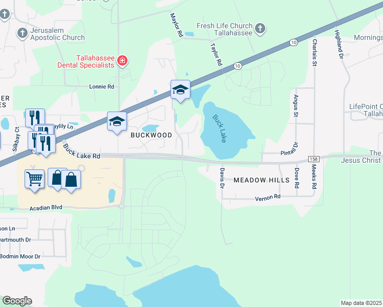 map of restaurants, bars, coffee shops, grocery stores, and more near 155 Harlan Court in Tallahassee