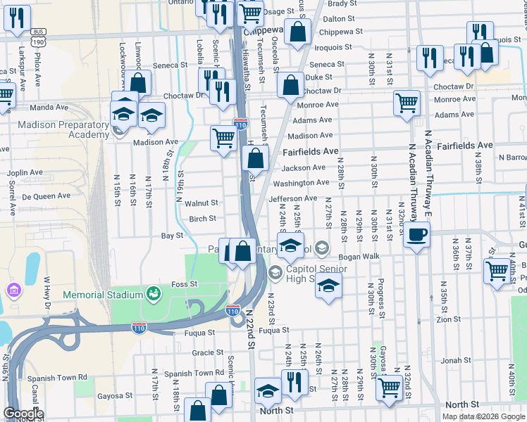map of restaurants, bars, coffee shops, grocery stores, and more near 1732 Plank Road in Baton Rouge