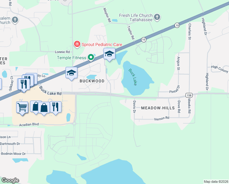 map of restaurants, bars, coffee shops, grocery stores, and more near 155 Harlan Court in Tallahassee