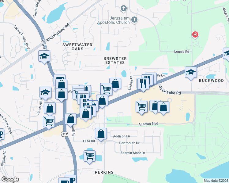 map of restaurants, bars, coffee shops, grocery stores, and more near 4001 Brewster Rd in Tallahassee