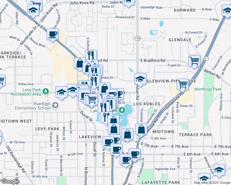 map of restaurants, bars, coffee shops, grocery stores, and more near 215 East Tharpe Street in Tallahassee