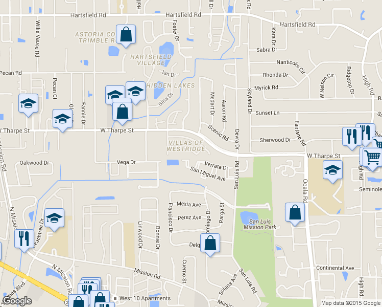 map of restaurants, bars, coffee shops, grocery stores, and more near 2550 San Miguel Avenue in Tallahassee