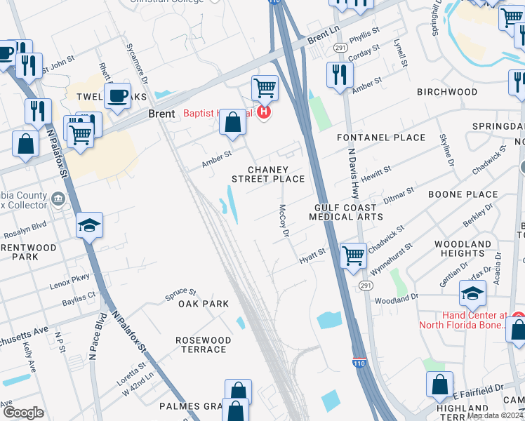 map of restaurants, bars, coffee shops, grocery stores, and more near 205-207 Hewitt Street in Pensacola