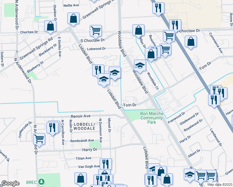 map of restaurants, bars, coffee shops, grocery stores, and more near 7230 Exchange Place in Baton Rouge