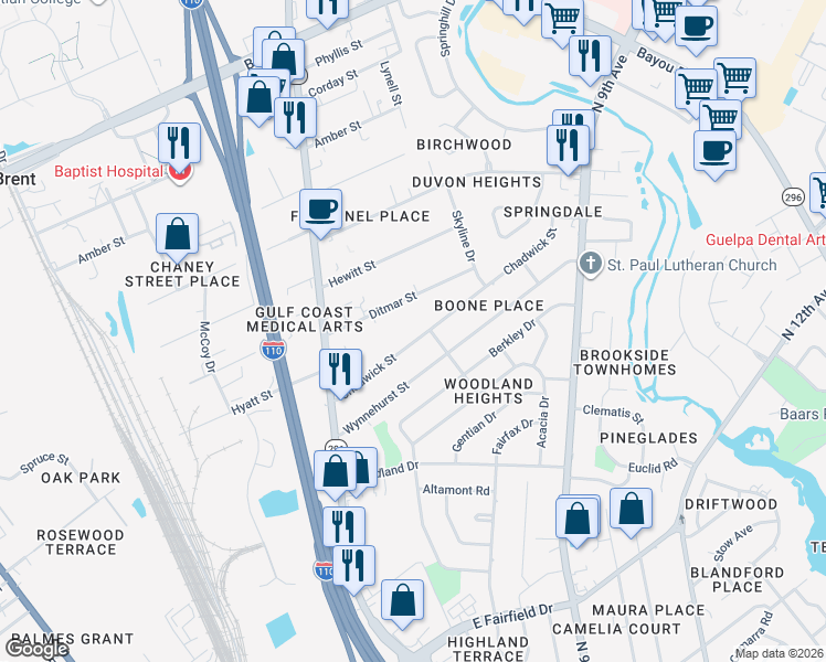 map of restaurants, bars, coffee shops, grocery stores, and more near 546 Chadwick Street in Pensacola