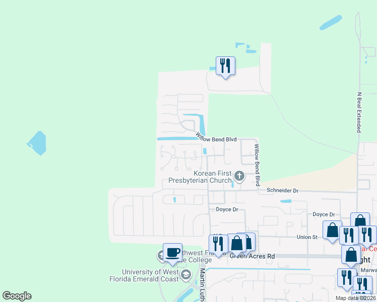map of restaurants, bars, coffee shops, grocery stores, and more near 1829 Hunters Path in Fort Walton Beach