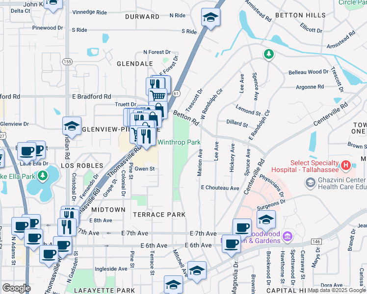 map of restaurants, bars, coffee shops, grocery stores, and more near 1601 Mitchell Avenue in Tallahassee