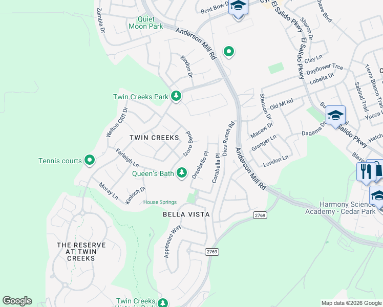 map of restaurants, bars, coffee shops, grocery stores, and more near 2630 Izoro Bend in Cedar Park