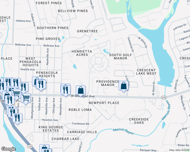 map of restaurants, bars, coffee shops, grocery stores, and more near 5834 Tryton Circle in Pensacola