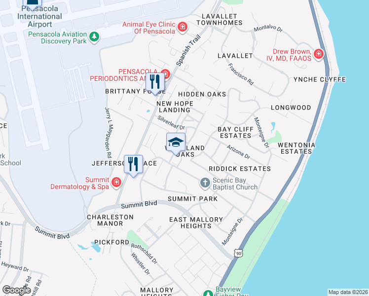 map of restaurants, bars, coffee shops, grocery stores, and more near 3502 Parkwood Lane in Pensacola