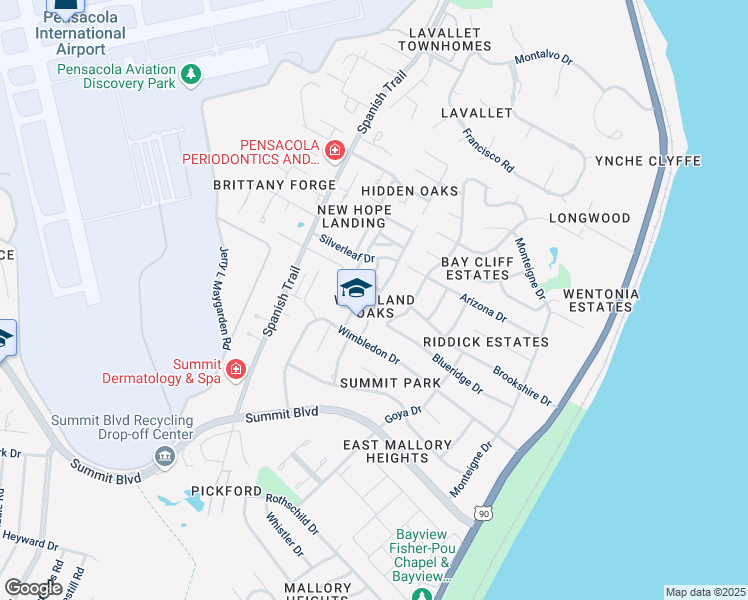 map of restaurants, bars, coffee shops, grocery stores, and more near 3510 Parkwood Avenue in Pensacola