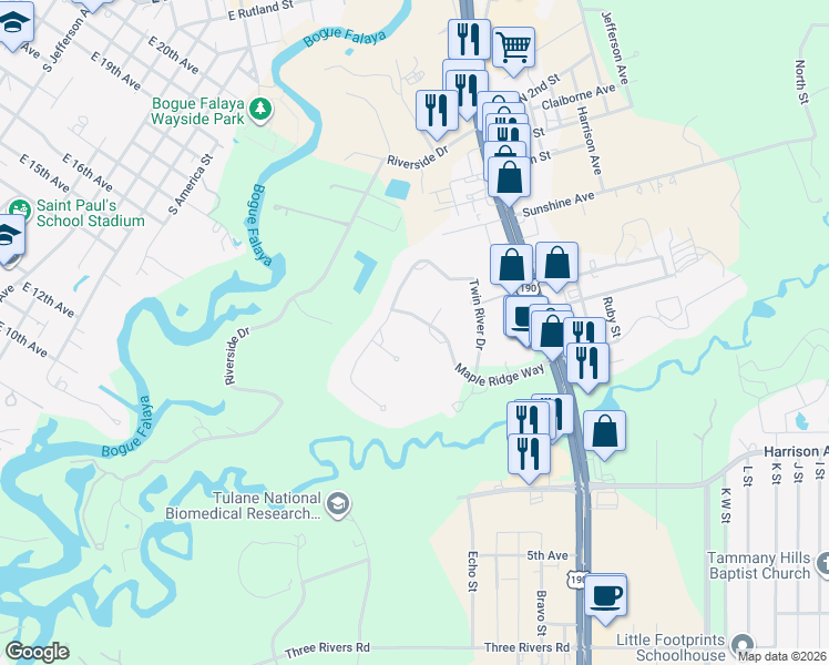 map of restaurants, bars, coffee shops, grocery stores, and more near 75357 Highway 437 in Covington