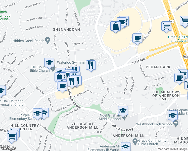 map of restaurants, bars, coffee shops, grocery stores, and more near 12342 Ranch Road 620 North in Austin