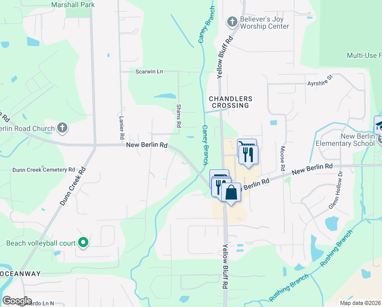 map of restaurants, bars, coffee shops, grocery stores, and more near 2935 New Berlin Road in Jacksonville