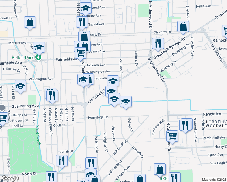 map of restaurants, bars, coffee shops, grocery stores, and more near 5100 Greenwell Springs Road in Baton Rouge