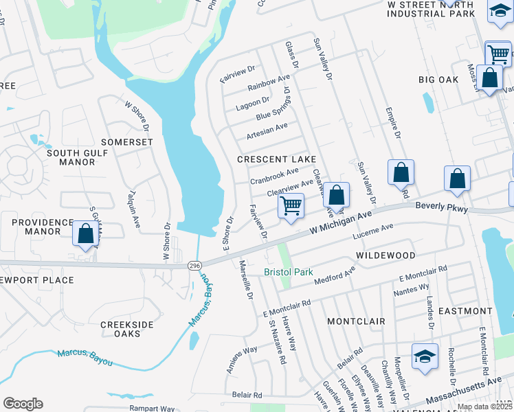 map of restaurants, bars, coffee shops, grocery stores, and more near 5604 Fairview Drive in Pensacola