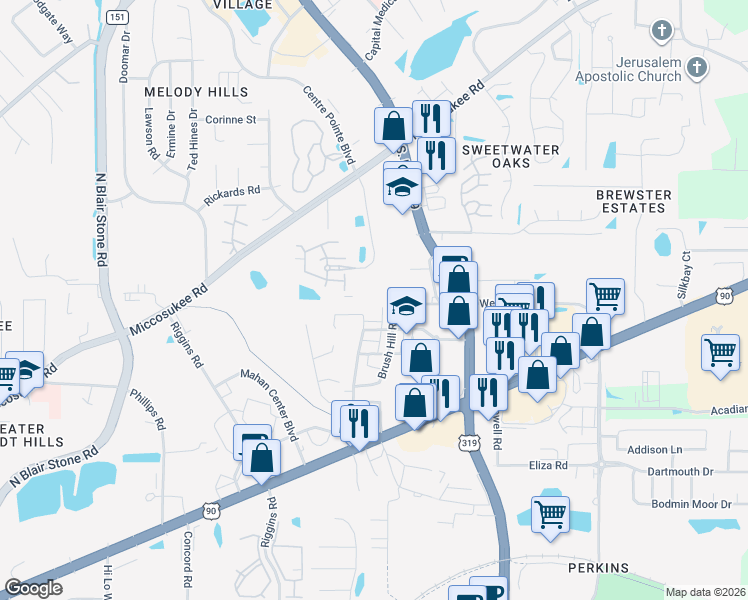 map of restaurants, bars, coffee shops, grocery stores, and more near 1701 Cottage Rose Lane in Tallahassee