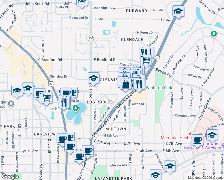 map of restaurants, bars, coffee shops, grocery stores, and more near 316 De Soto Street in Tallahassee