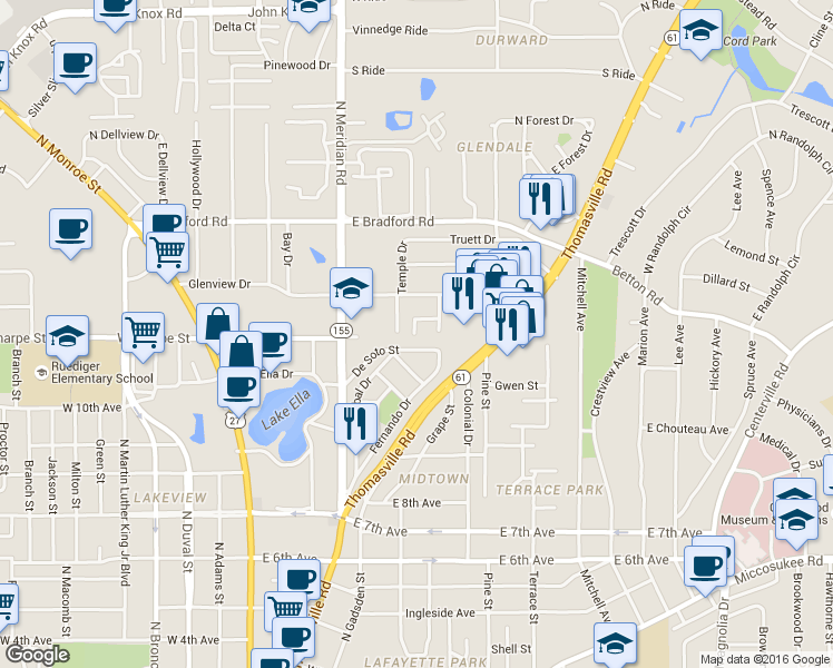 map of restaurants, bars, coffee shops, grocery stores, and more near 316 De Soto Street in Tallahassee