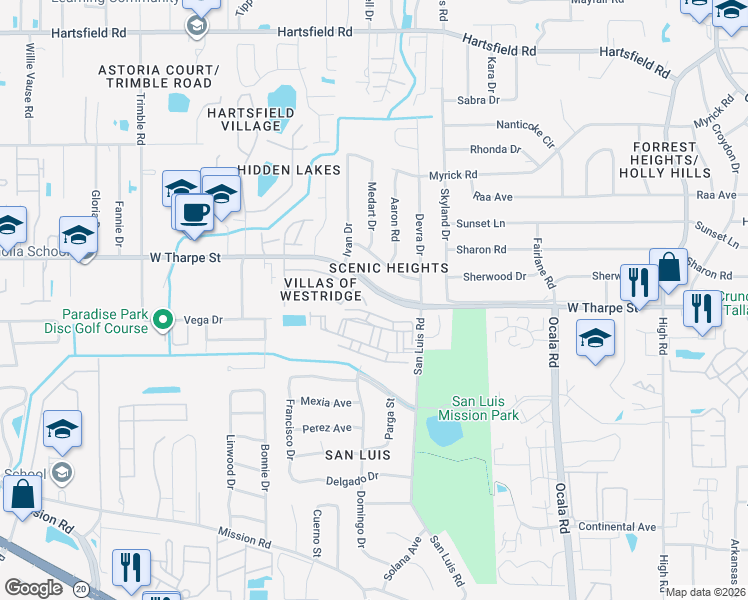 map of restaurants, bars, coffee shops, grocery stores, and more near 2101 Sandpiper Street in Tallahassee