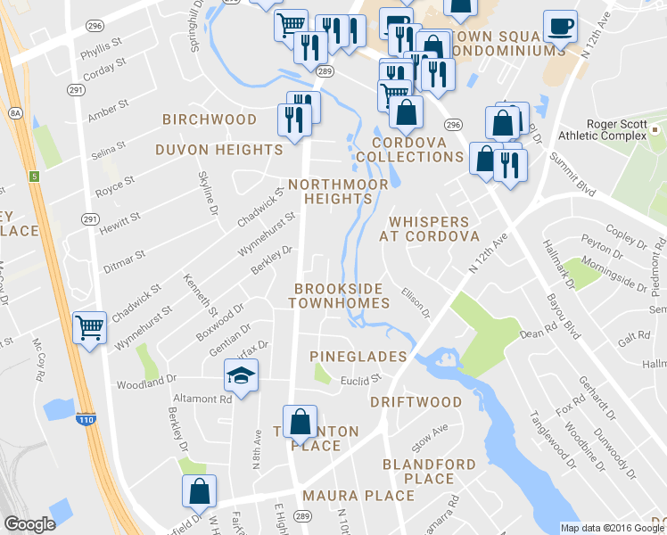 map of restaurants, bars, coffee shops, grocery stores, and more near 4265 Brookside Drive in Pensacola