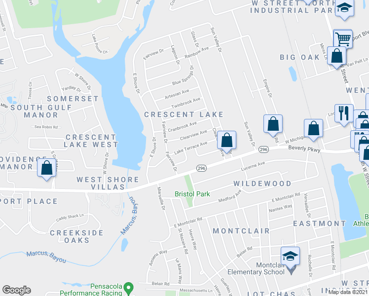 map of restaurants, bars, coffee shops, grocery stores, and more near 927 Clearview Avenue in Pensacola