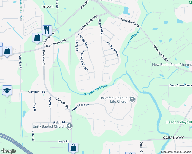 map of restaurants, bars, coffee shops, grocery stores, and more near 12551 Daylight Trail in Jacksonville